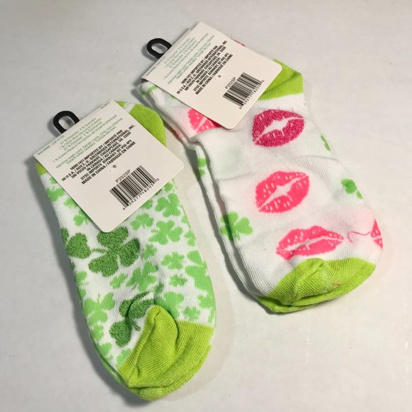 Shamrock Socks St Patricks Day Celtic Kiss me I'm Irish Green Clover 2 Pairs Lot - Picture 5 of 5
